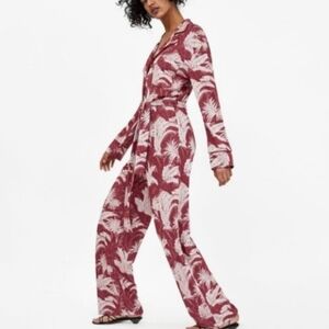 Zara Burgundy and White Leaf Print Jumpsuit